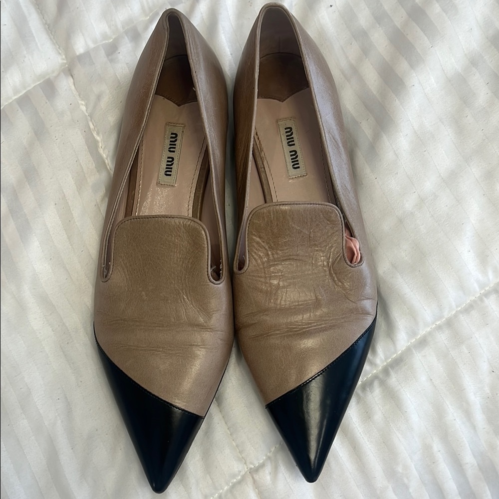 Miu Miu Tan and Black Flats with Pointed Toe